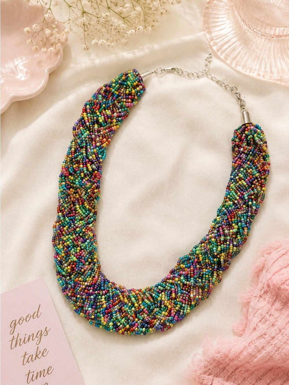 Multicolored Colorful Rainbow Bead Beaded Statement Fashion Necklace